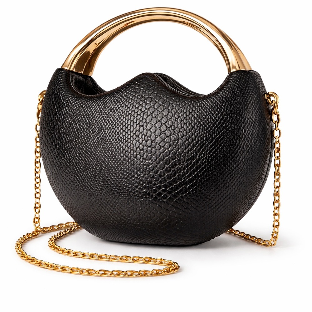 Source Unknown Black Textured Round Clutch with Gold Handle & Chain
